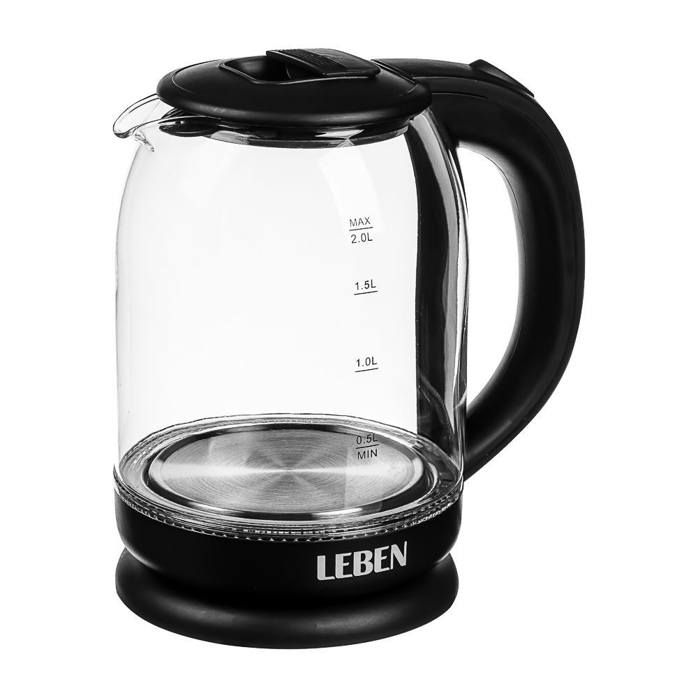 LEBEN Чайник электрический, 1500 Вт, c LED подсветкой, стекло, черный
