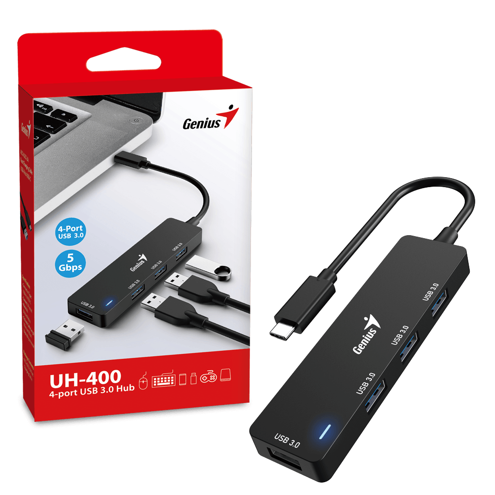 USB HUB UH-400.Порты: USB 3.0. - 4 шт. Скорость передачи данных до 5 Гбит/с. Кабель Type C 15 см.