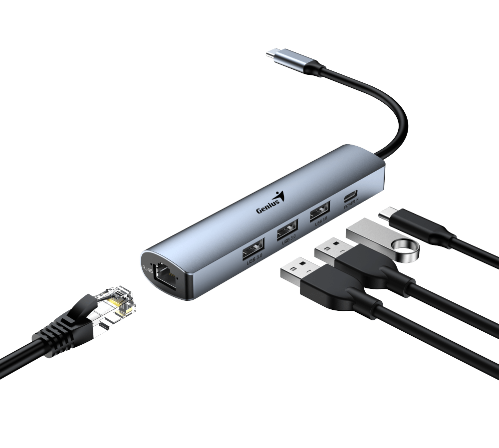 USB HUB UH-545 USB3.0 с Ethernet RJ45, гигабитным Ethernet RJ45 x 1, портом питания USB-C (5 В 3 А) x 1, портами передачи данных USB-A 3.0 x 3