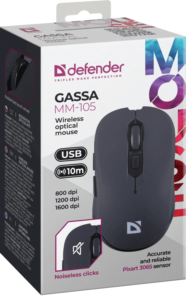 Беспроводная оптическая мышь Defender 52105 Gassa MM-105 черный,6D,800-1600dpi,бесшумн