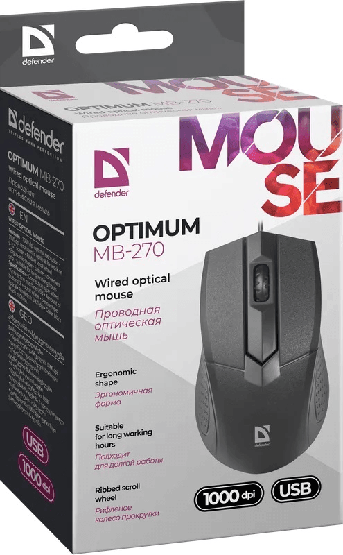 Мышь проводная Defender Optimum MB-270 USB B(Черный) 2кн+кл 1000dpi (52270)