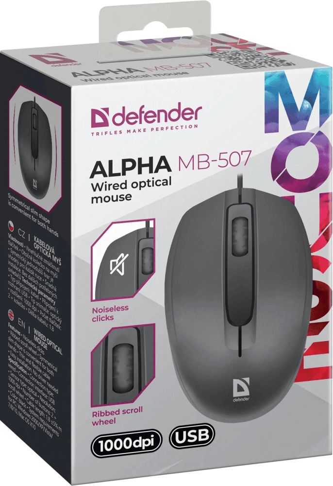 Проводная оптическая мышь Defender 52507 Alpha MB-507 черн,3D,бесшумная,1,8м