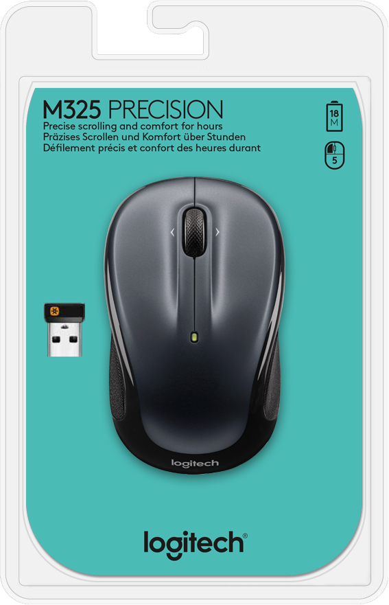 Мышь беспроводная Logitech M325 Dark Silver (темно-серая, оптическая, 1000dpi, 2.4 GHz/USB-ресивер (Logitech Unifying®), 5 кнопок (горизонтальная прокрутка), 1 батарея типа AA) (M/N: M-R0039 / C-U0008)