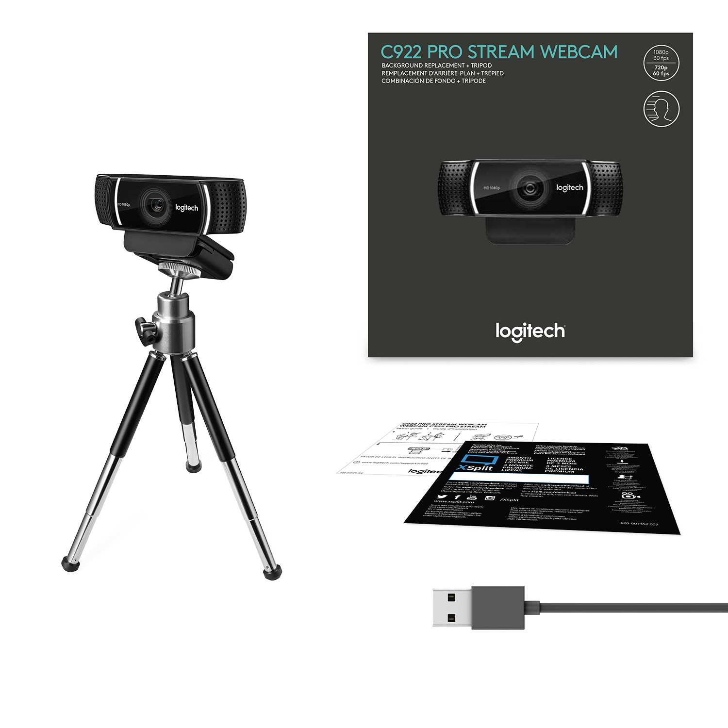 Веб-камера Logitech C922 Pro Stream (Full HD 1080p/30fps, 720p/60fps, автофокус, угол обзора 78°, стереомикрофон, лицензия XSplit на 3мес, кабель 1.5м, штатив) (арт. 960-001088, M/N: V-U0028)