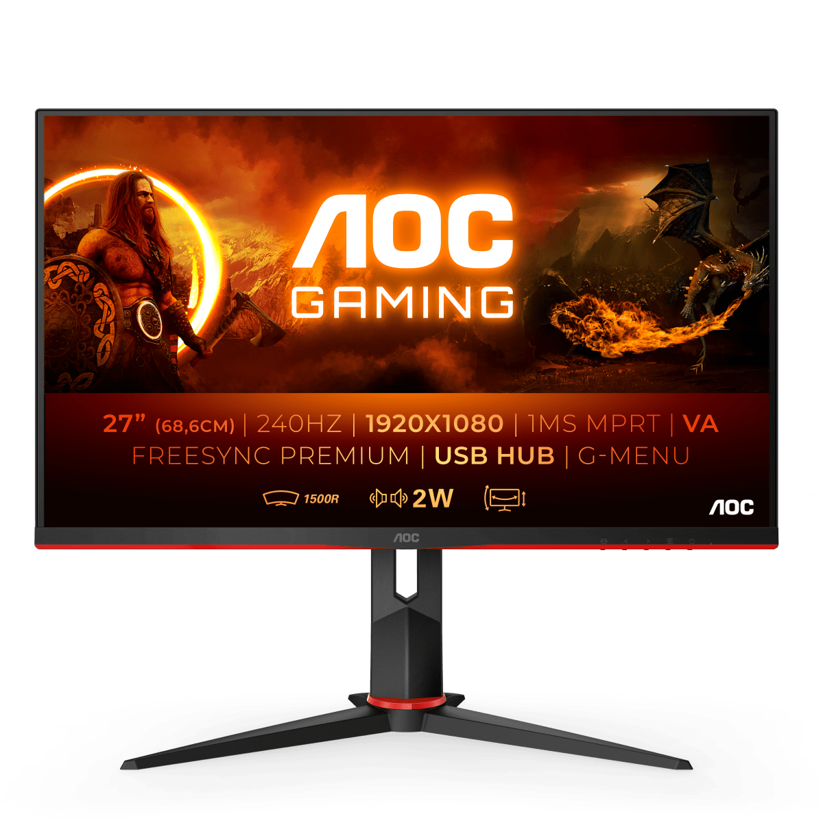 Монитор LCD 27'' 16:9 1920х1080(FHD) VA, Curved, nonGLARE, 240 Hz, 300 cd/m2, H178°/V178°, 3000:1, 80M:1, 16.7M, 1ms, 2xHDMI, DP, USB-Hub, Height adj, Tilt, Swivel, Speakers, Black+Cherry