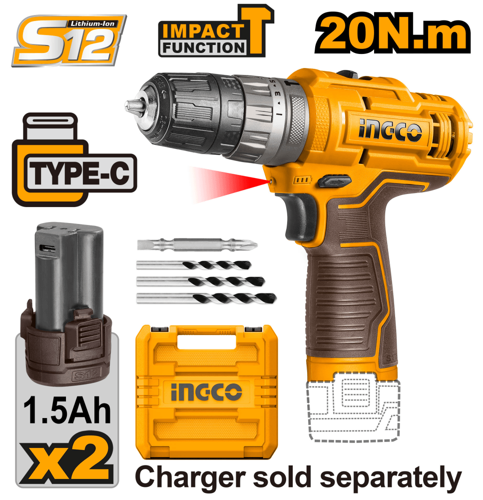 Дрель-шуруповерт уд. Акк. CIDLI12202, 1500rpm, 20Нм, 2х12В 1.5Ач, Type-C порт зарядки,  без ЗУ, Кейс