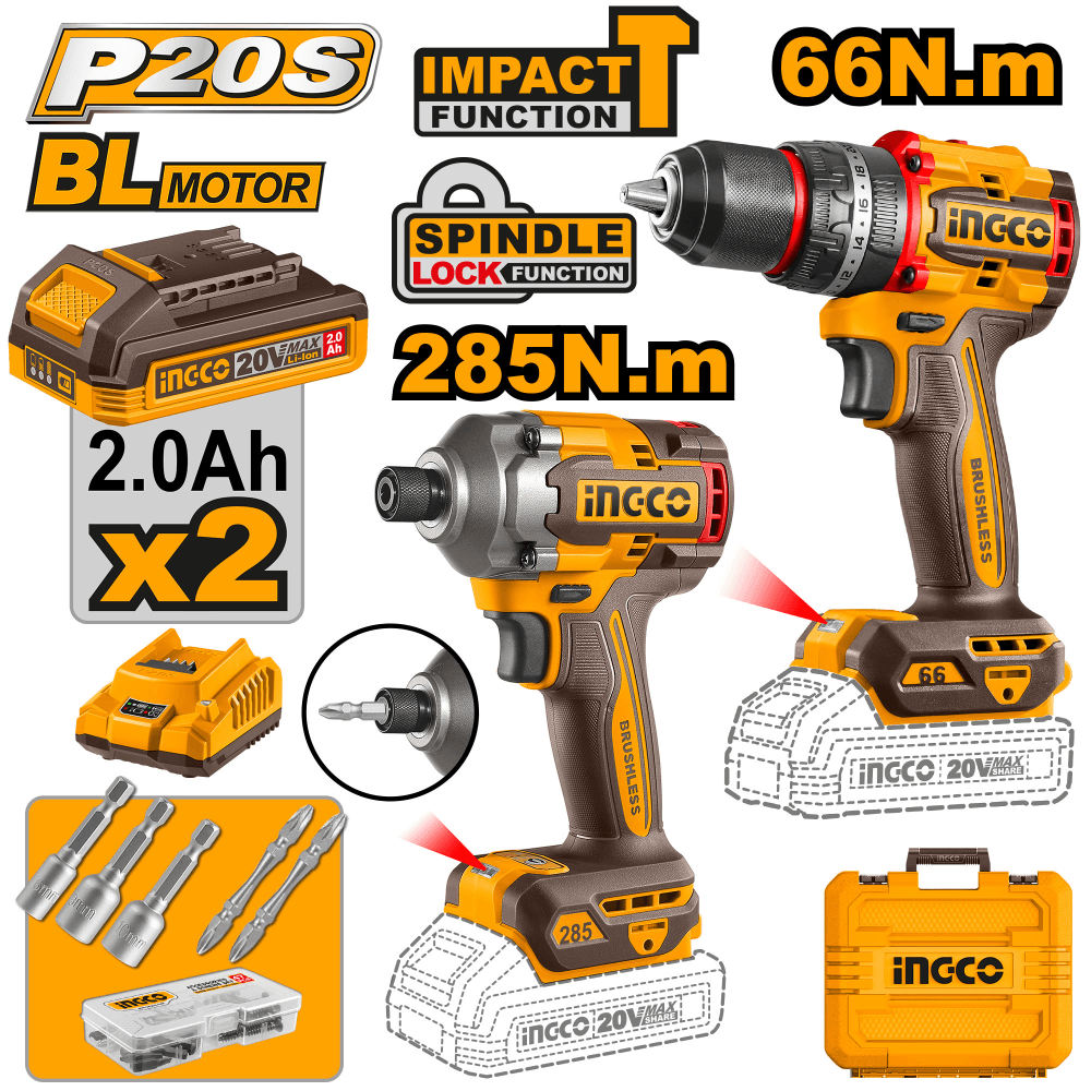Набор аккум. инструсмента 20В SUPER INGCO CKLI20277 ( винтоверт CIRLI20281 285Нм + шуруповерт CIDLI206681 66Нм) с ЗУ и 2 АКБ