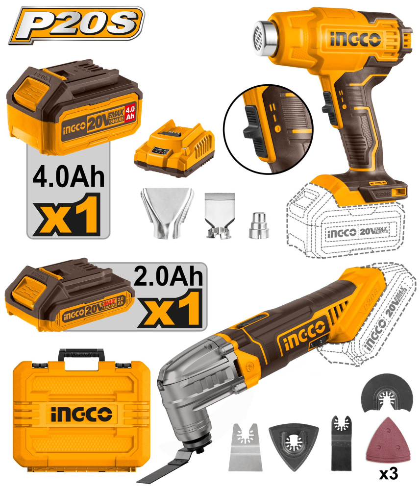 Набор аккумуляторных инструментовт Li-Ion 2шт Ingco COSLI230703 (мультитул INGCO CMLI2022, фен акк. INGCO HGLI20025, 2 акк (FBLI2002 + FBLI20011), ЗУ (FCLI2001), Кейс)