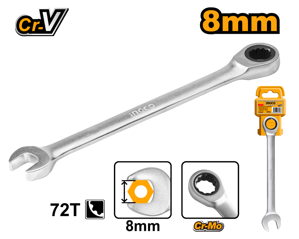 Комбинированный трещоточный ключ 8 мм INGCO HCSPAR081 INDUSTRIAL