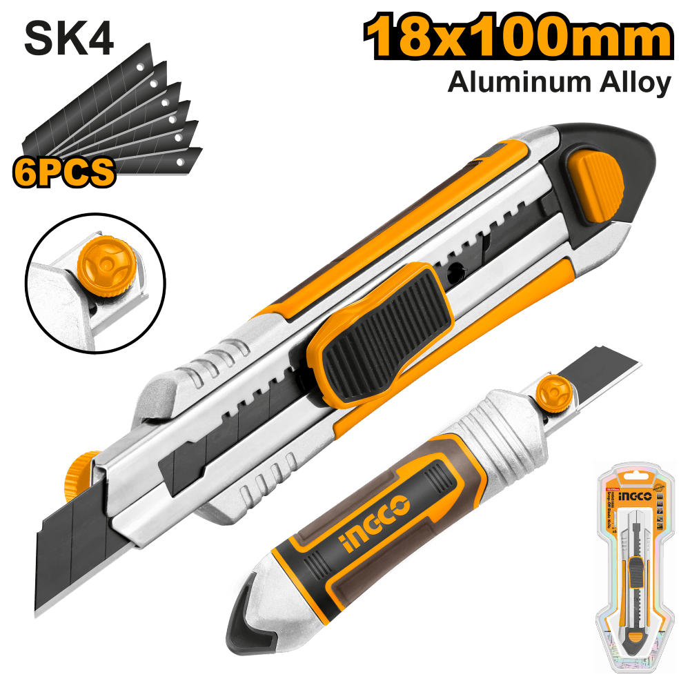 Нож с фиксацией лезвия Ingco HKNS1808,18мм лезвие, алюм.ручка