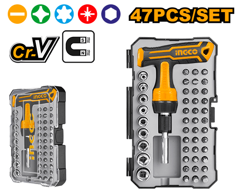 Набор головок и бит с т-образной ручкой 47 шт. Ingco HKSDB0478,SL,PH,Torx,Hex, Магн.након., Кейс