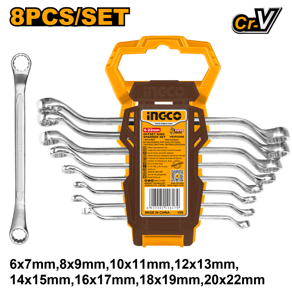 Набор гаечных ключей со смещенным кольцом Ingco HKSPA3088,6-22мм