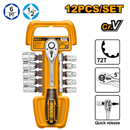 Набор инструментов 12 шт 1/2" с ключом-храповиком Ingco HKTS12122,10-21мм, CR-V