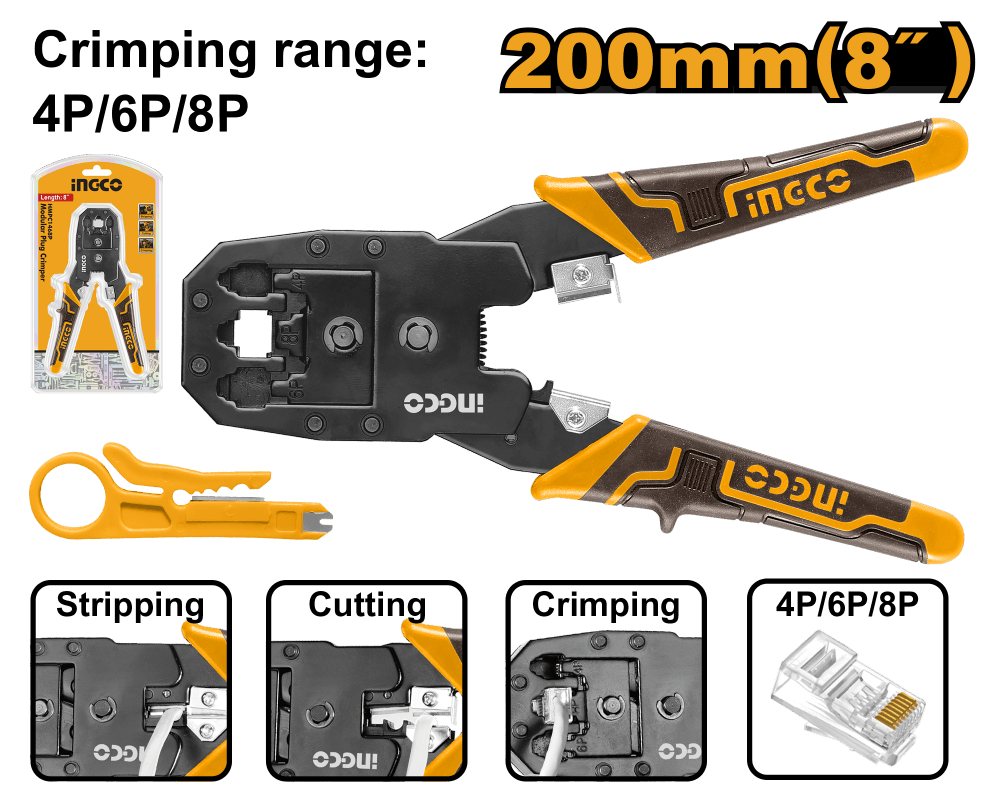 Клещи обжимные TP Ingco HMPC1468P,200мм, 4P-8P