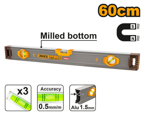 Пузырьковый уровень с мощными магнитами Ingco HSL38060M,60 см, 3 уровня