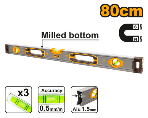 Пузырьковый уровень с мощными магнитами Ingco HSL38080M,80 см, 3 уровня