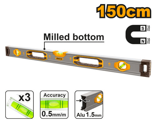 Пузырьковый уровень с мощными магнитами Ingco HSL38150M,150 см, 3 уровня