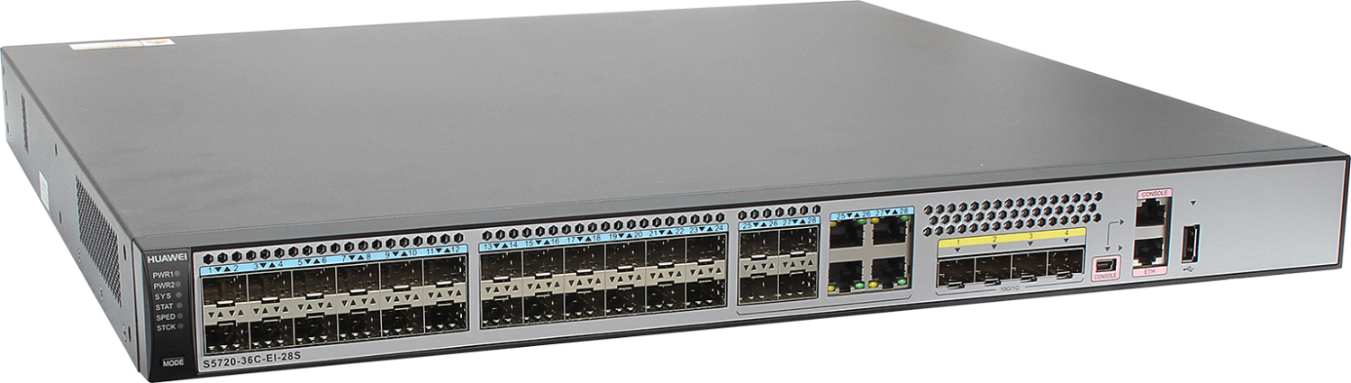 S5720-36C-EI-28S bundle (28GE SFP ports, 4 of which are 10/100/1000BASE-T+SFP combo ports, 410GE SFP+, 1expansion slot, 1150W AC power)