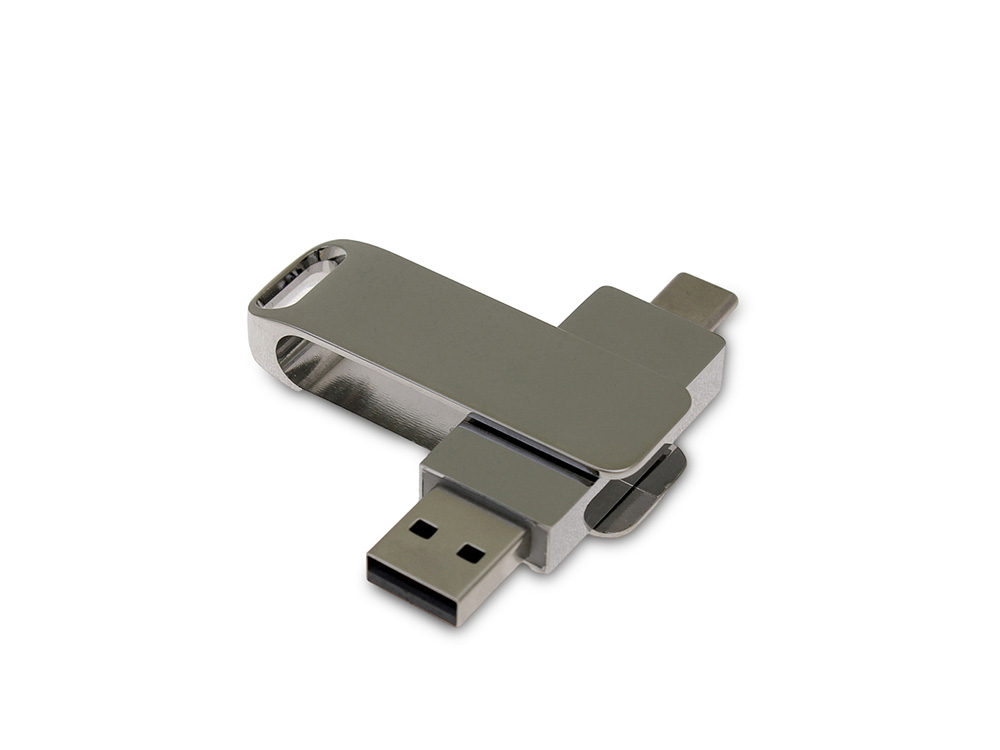 USB 2.0- флешка на 64 Гб поворотный механизм 2 в 1, c дополнительным разъемом Type-C с одноцветным металлическим клипом, серебристый
