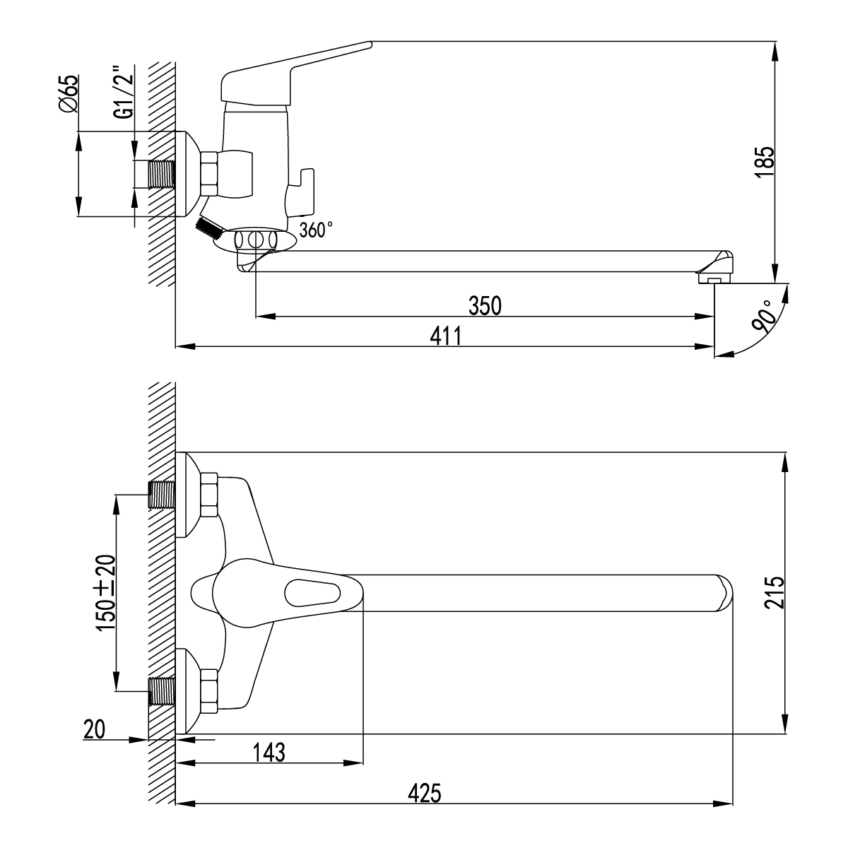 СМЕСИТЕЛЬ ДЛЯ ВАНН "LUNA"  LM4151C  ДЛИННЫЙ ПЛОСКИЙ ИЗЛИВ (1/8) "LEMARK"   