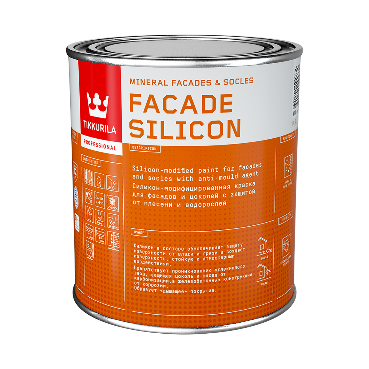 КРАСКА "FACADE SILICON"  0,9 Л (1/6) АКРИЛОВАЯ ДЛЯ ФАСАДОВ И ЦОКОЛЕЙ "ТИККУРИЛА" 