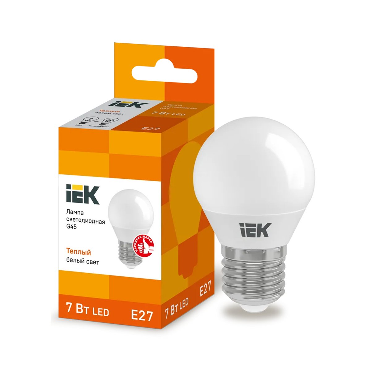 ЛАМПА СВЕТОДИОДНАЯ (LED) "IEK" G45 ШАР 07W 3000 К E27, ТЕПЛ. СВЕТ (10/100) 