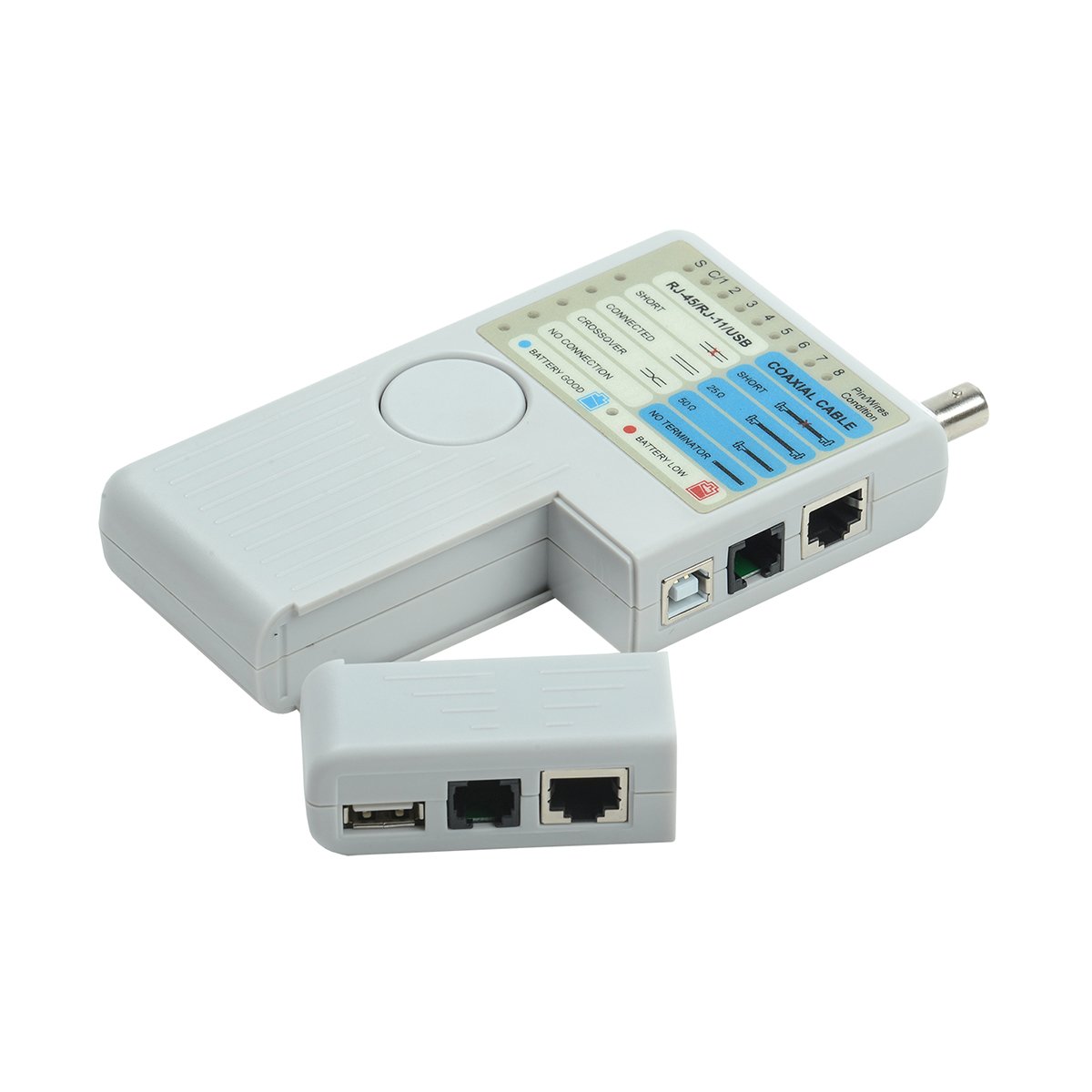 ТЕСТЕР ДЛЯ ВИТОЙ ПАРЫ 4 В 1 RJ45/RJ11/BNC/USB С ЭЛЕМЕНТОМ ПИТАНИЯ (1/50) "ITK" 