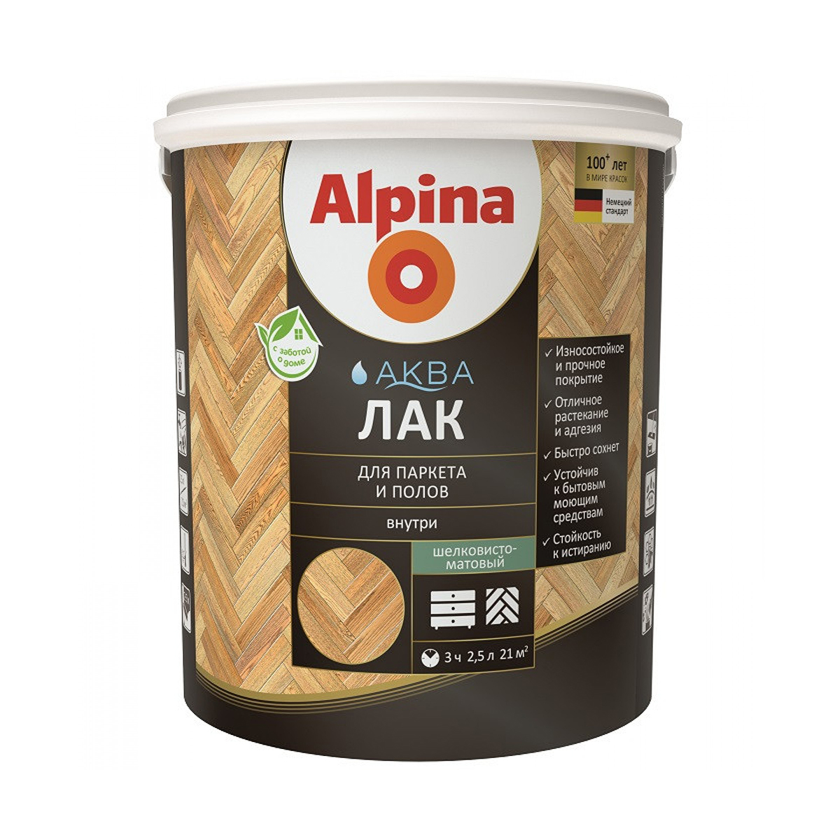 ЛАК АКРИЛОВЫЙ "АКВА" ПАРКЕТНЫЙ ШЕЛКОВИСТО-МАТОВЫЙ 2,5 Л (1/4) "ALPINA" 