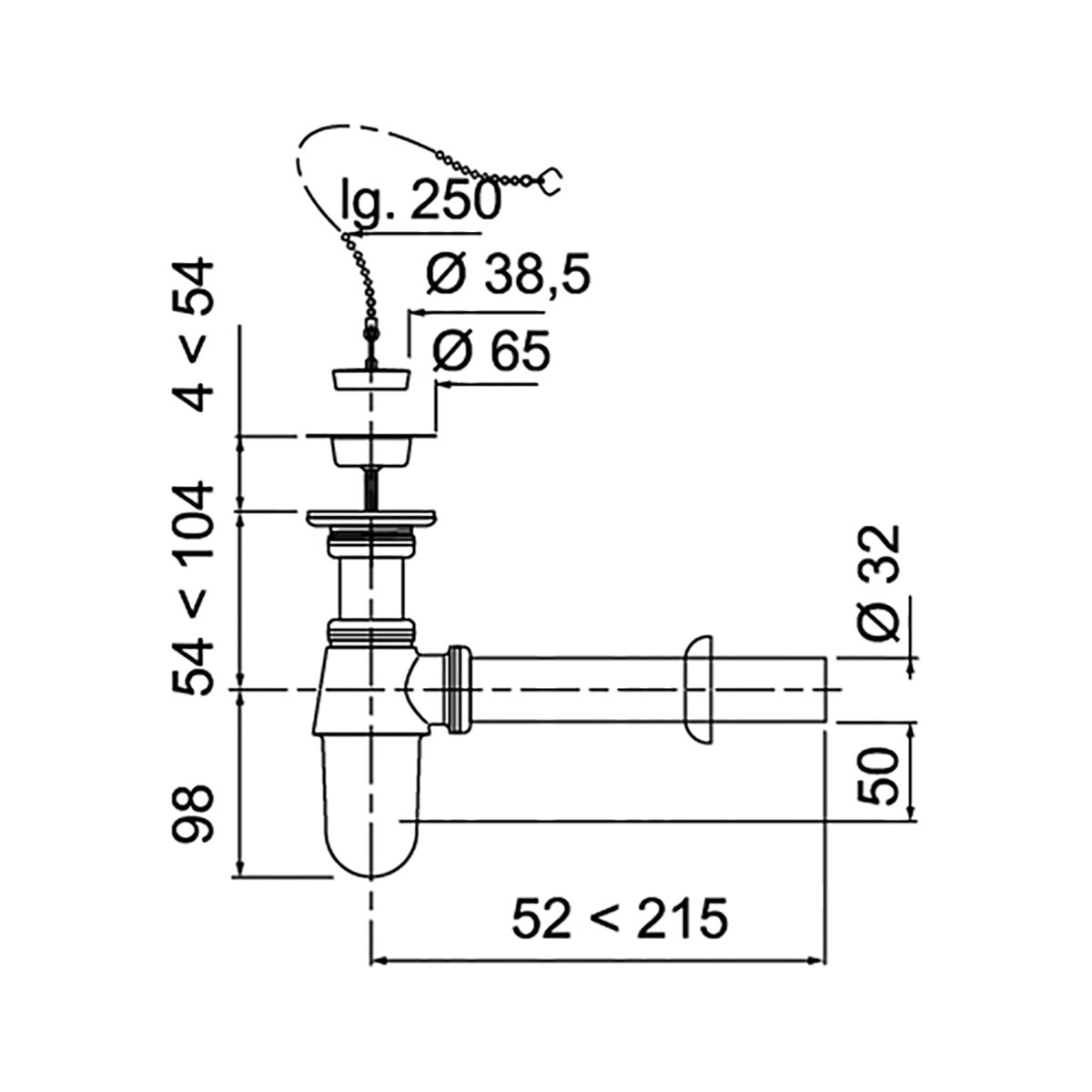 СИФОН SL213 С ВЫПУСКОМ 1 1/4" Х 32 ММ ЛАТУННЫЙ (ХРОМ) ПРОБКА С ЦЕПОЧКОЙ (1/25) "WIRQUIN" 