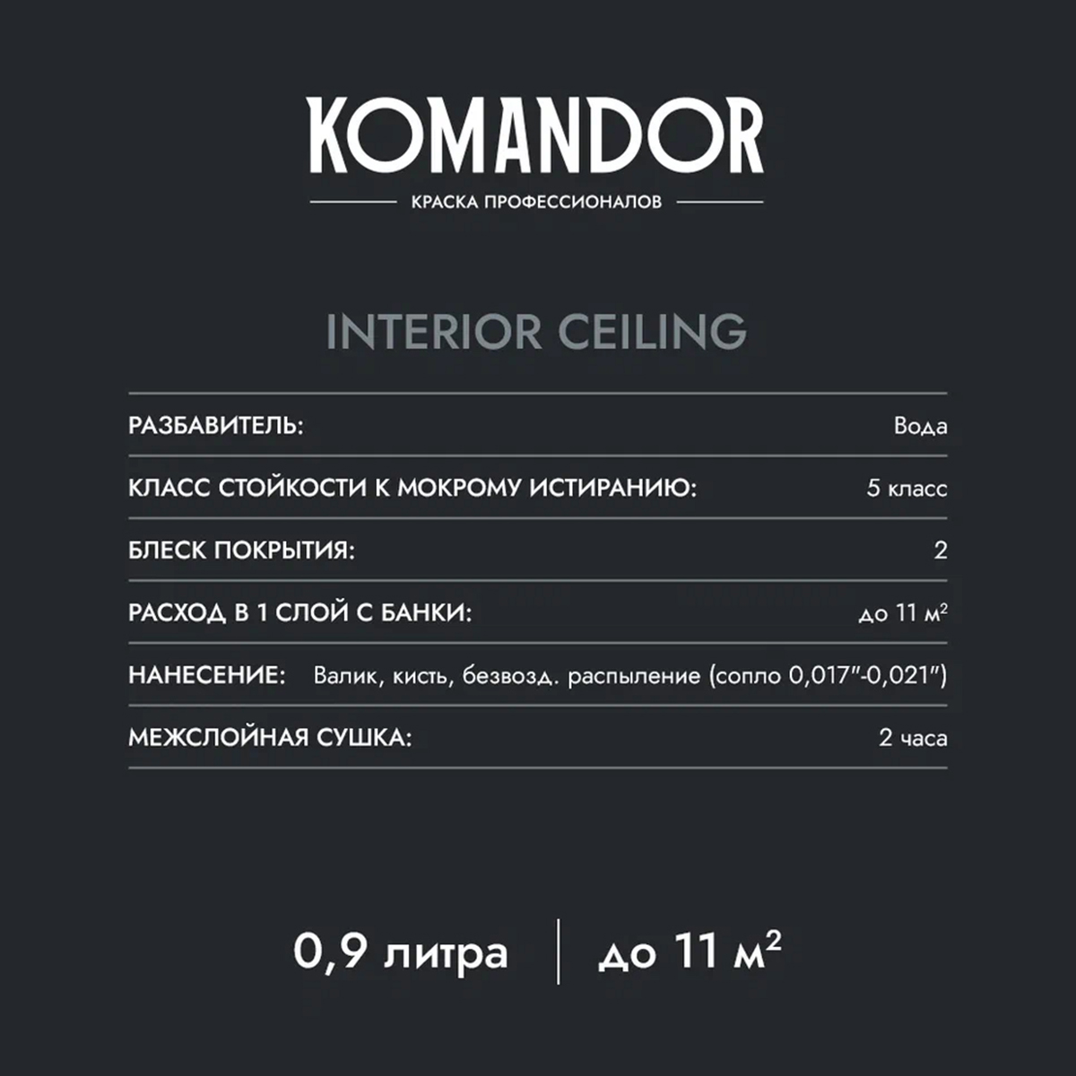 КРАСКА "INTERIOR CEILING" ДЛЯ ПОТОЛКОВ БЕЛАЯ 0,9 Л (1/6) "KOMANDOR" 