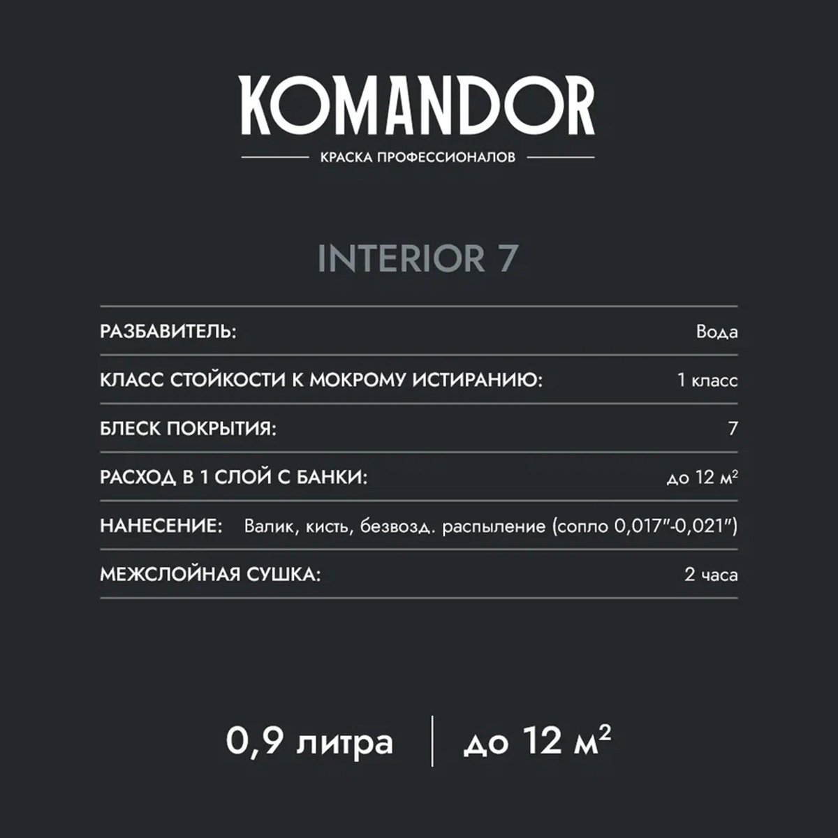 КРАСКА "INTERIOR 7" ДЛЯ СТЕН И ПОТОЛКОВ БАЗА A 0,9 Л (1/6) "KOMANDOR" 