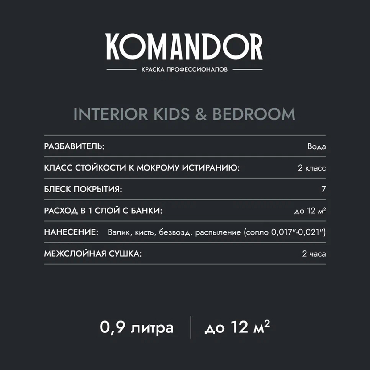 КРАСКА "INTERIOR KIDS&BEDROOM" ДЛЯ СПАЛЕН И ДЕТСКИХ КОМНАТ БАЗА A 9 Л (1) "KOMANDOR" 