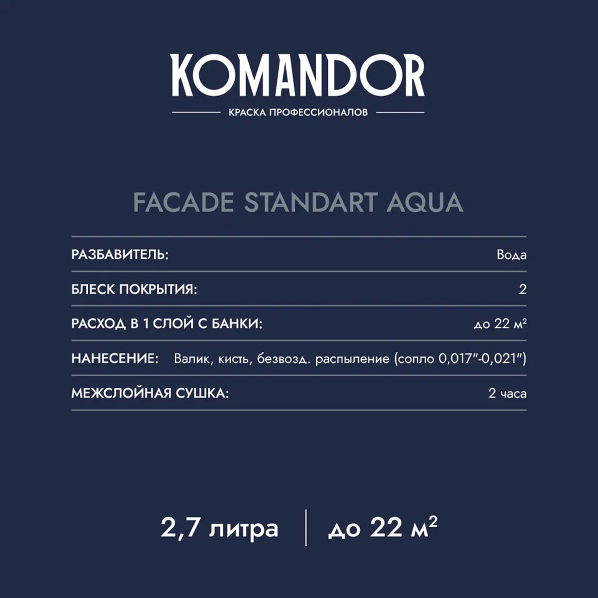 КРАСКА ФАСАДНАЯ "FACADE STANDART AQUA" АТМОСФЕРОСТОЙКАЯ БАЗА A 9 Л (1) "KOMANDOR" 