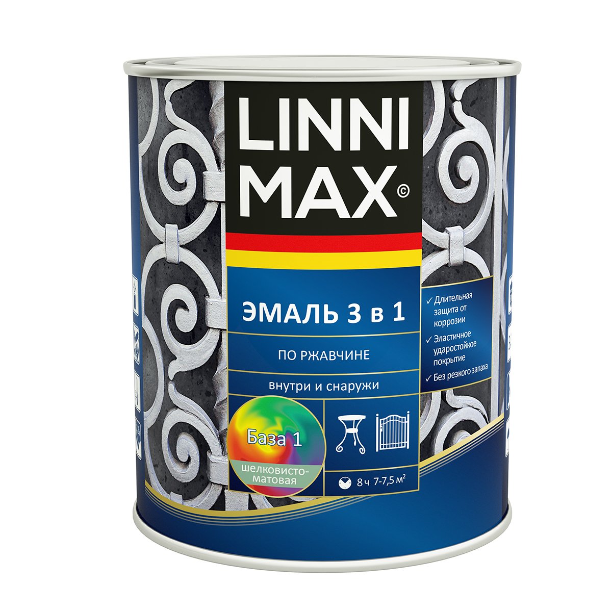 ГРУНТ- ЭМАЛЬ ПО РЖАВЧИНЕ БЫСТРОСОХН. БАЗА 1 (БЕЛАЯ) 0,75 Л (1) "LINNIMAX" 